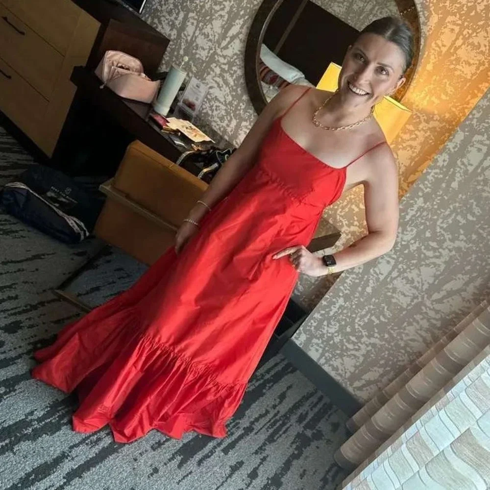 Staud Florence Gown Red Maxi Dress Spaghetti Strap Sleeveless A-Line Sz L - Picture 6 of 16